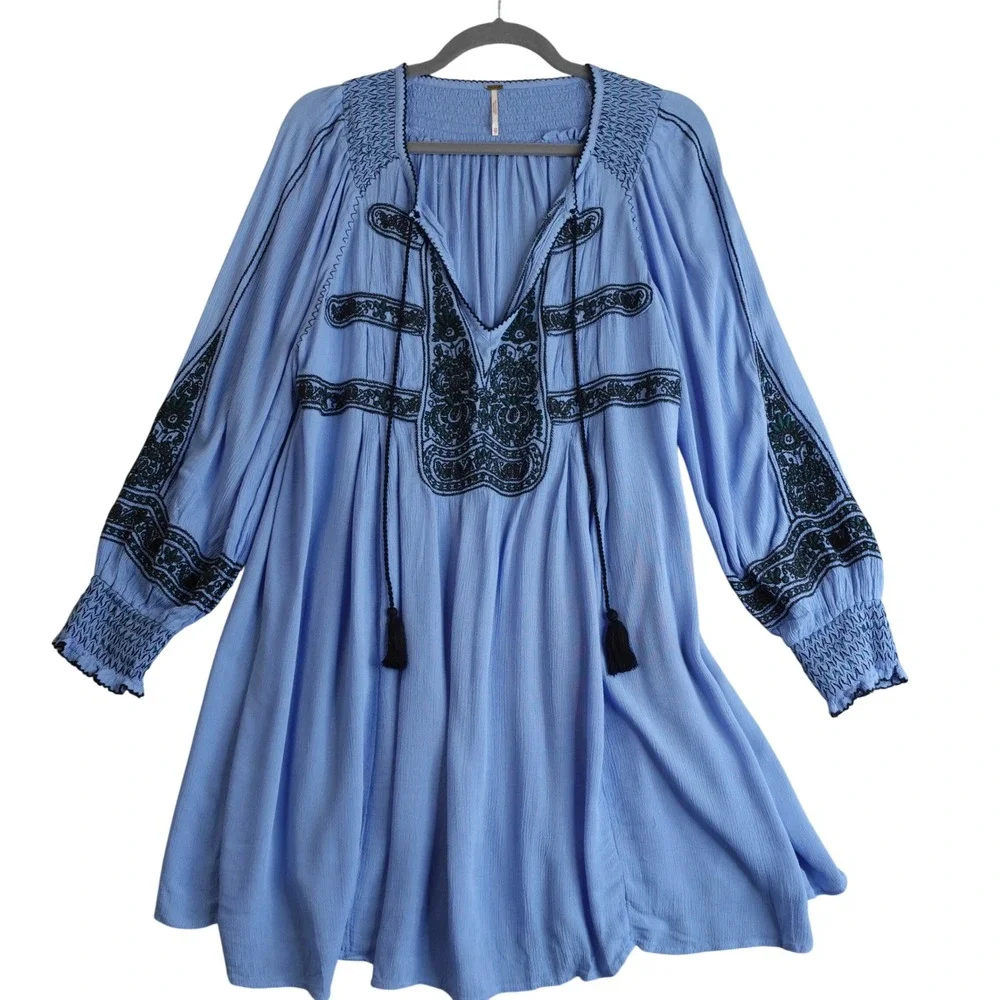 Free People Embroidered Tunic Mini Dress XS Blue Wind Willow Boho Tassel Peasant